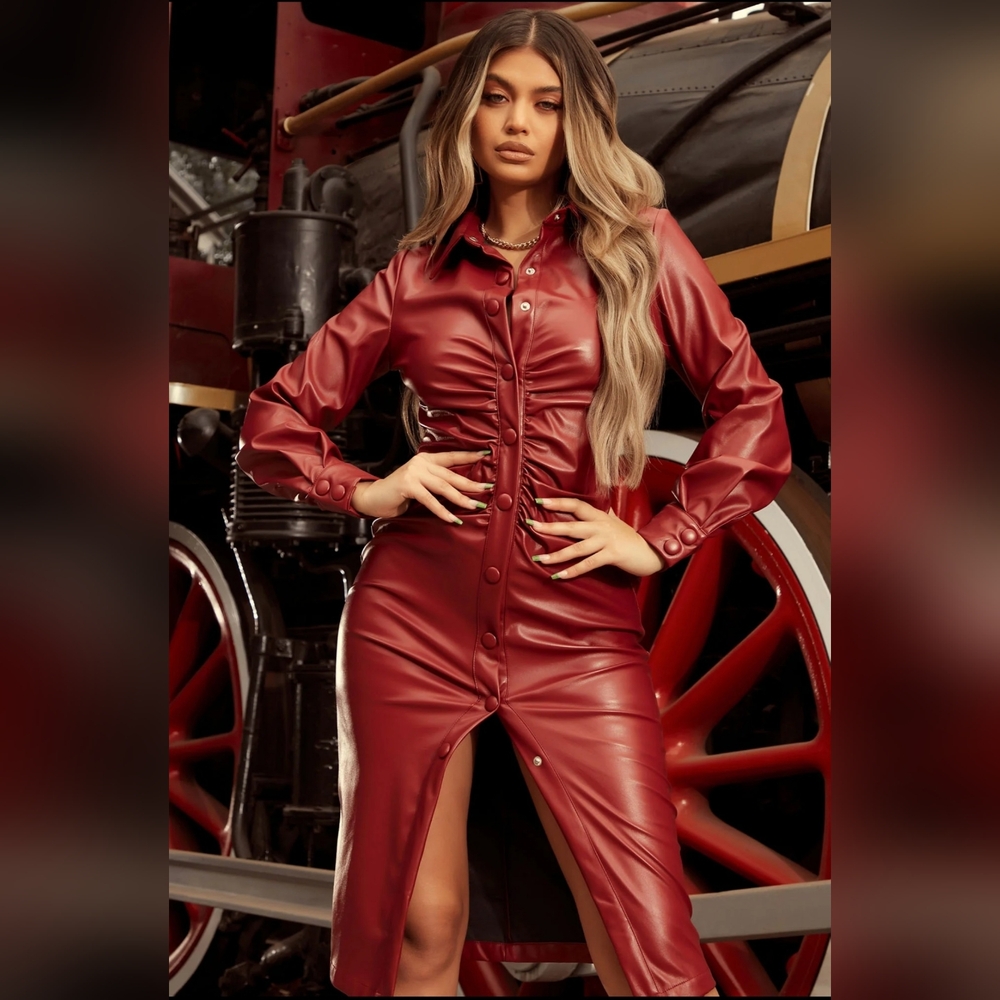 Fashion Nova I Feel Chic Faux Leather Shirt Dress-Wine